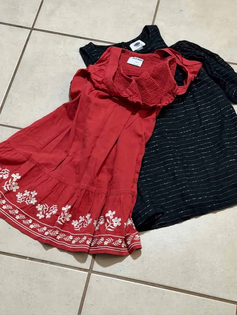 Old Navy Kids Girls Red Embroidered Sundress & Black Metallic Stripe Dress S(6/7